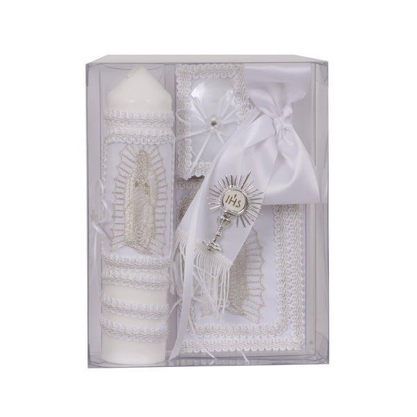 Rain Kids Boys White Virgin Mary Detail English First Communion Candle Set - SophiasStyle.com
